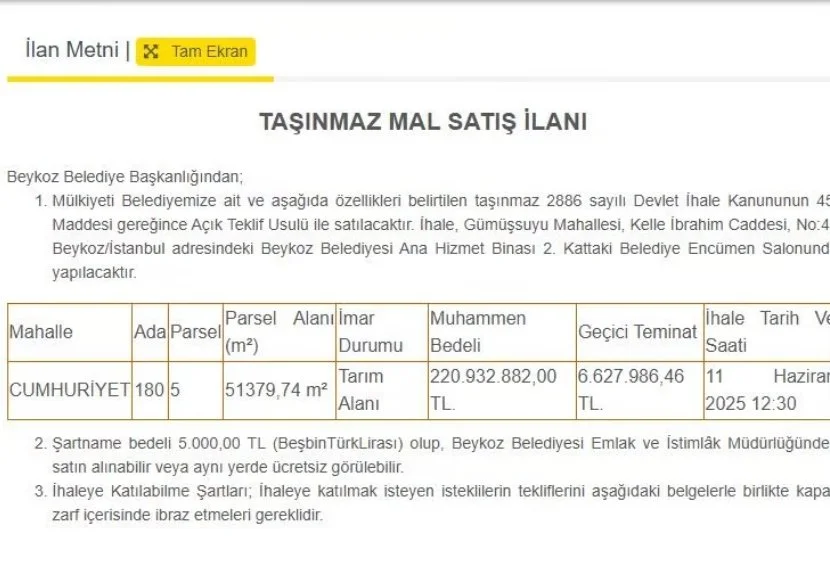 Beykoz Belediyesi'nden satılık 51 dönüm arazi 220 milyon 2 tarla2705 uB2i4XGRGz